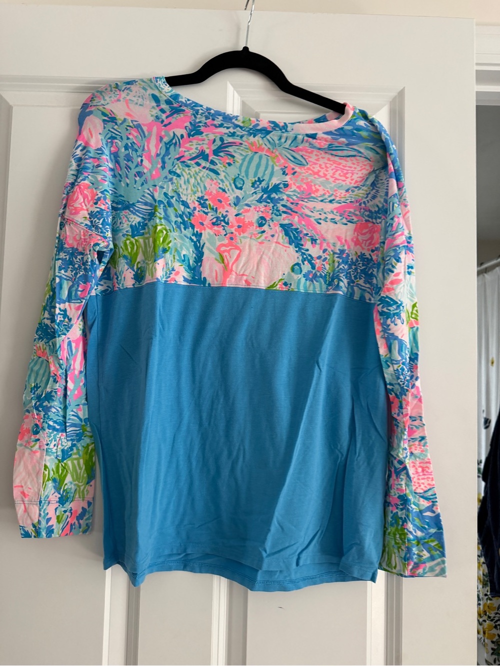 Lilly Pulitzer Blue and Pink Floral Yoke Long Sleeve Tee